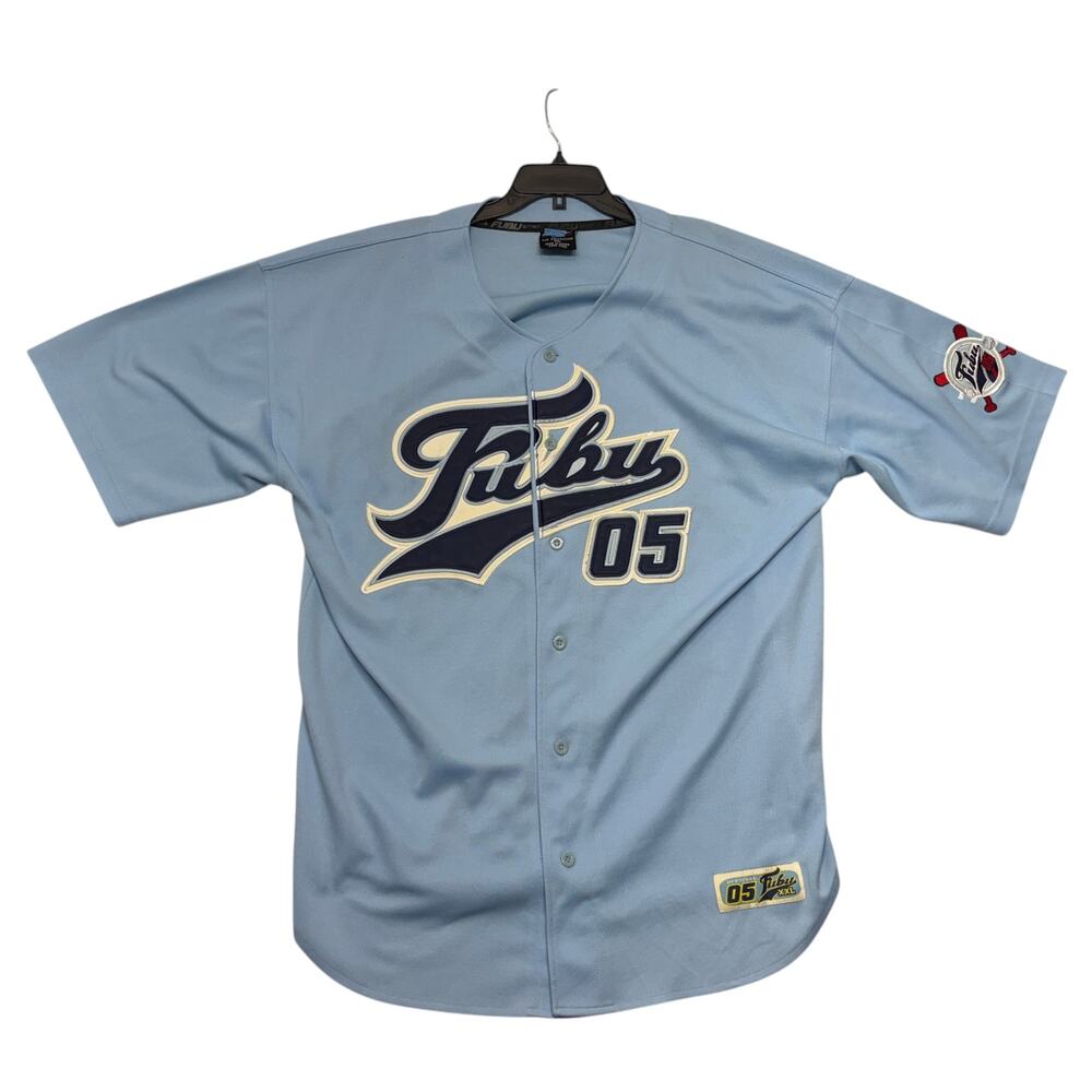 Vintage 90s FUBU Jersey Shirt XL Blue Baseball Streetwear Hip Hop Made in Korea
